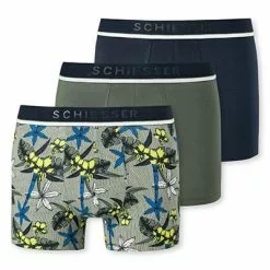 Schiesser Shorts 3er Pack 176899/901 Trunks, Baumwoll-Stretch, Khaki-blau gemustert, Dunkelblau-khaki-multicolour -Wäsche Verkaufsshop 384823 norm3